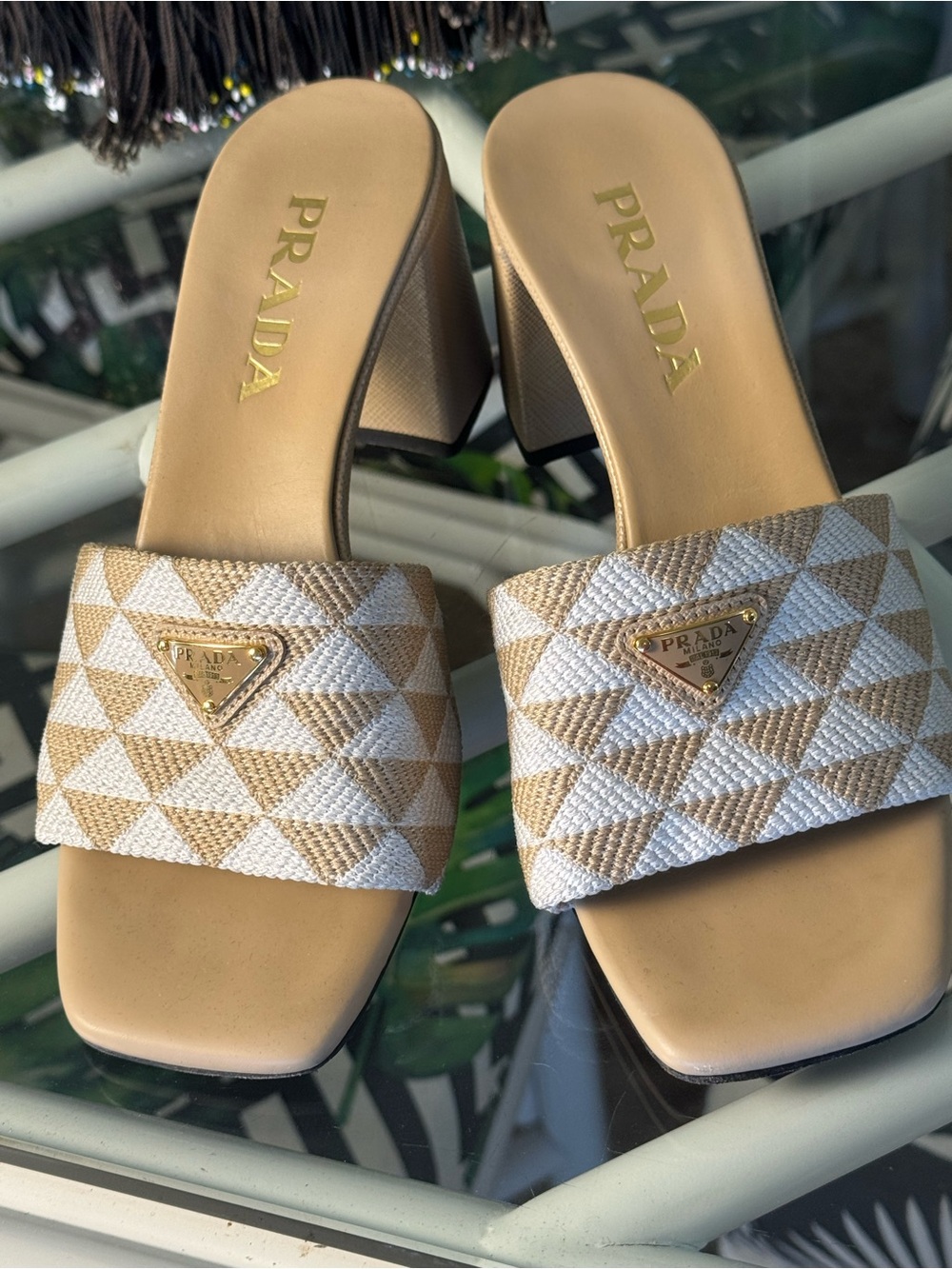 Prada Beige & White Geometric Slide Mules